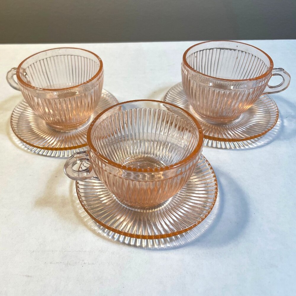Vintage Jeannette Homespun Pink Child's Depression Glass - 3 Teacups & Saucers